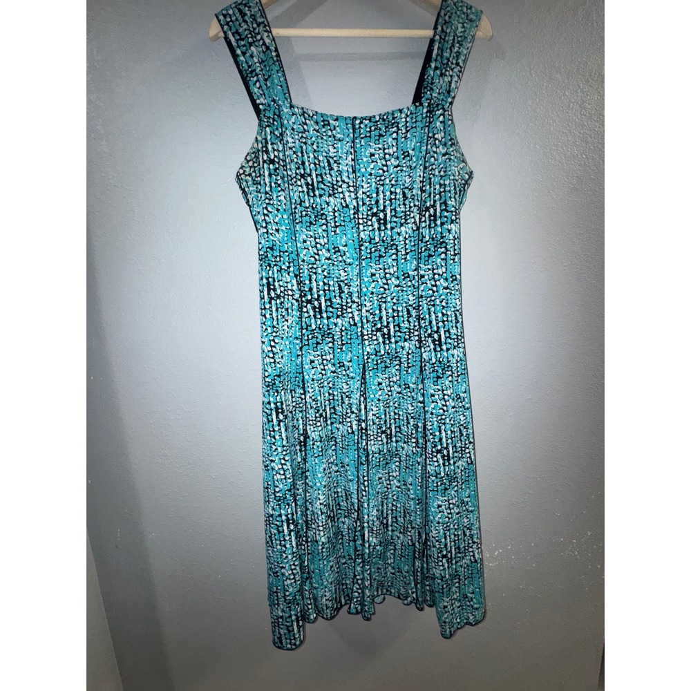Linea Domani Teal Abstract Dot Print Square Neck A-Line Dress Size 10